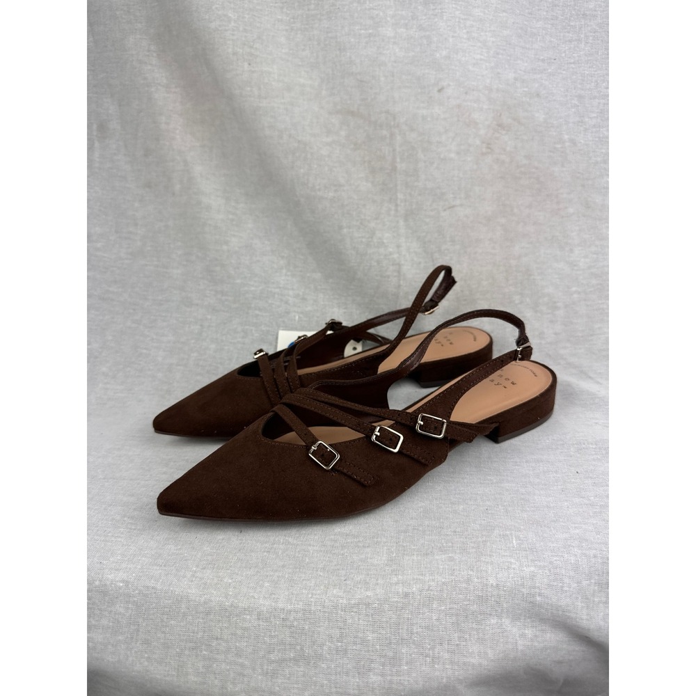 A New Day Women Brown Faux Suede Multi Buckle Slingback Pointed Toe Flats Size 7
